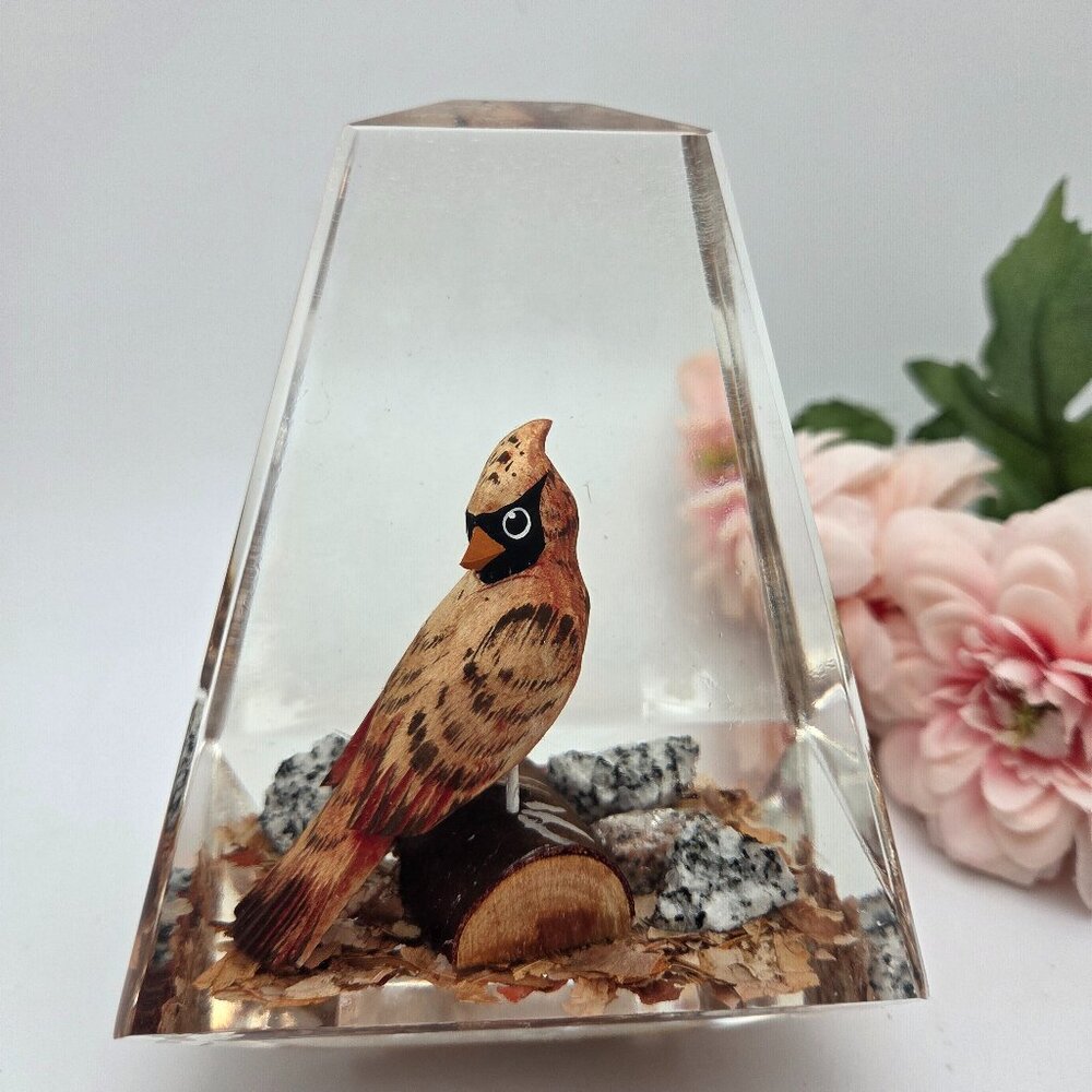 Vintage Lucite Paperweight Cardinal Canada Hand Carved Wood Bird Female Cardinal